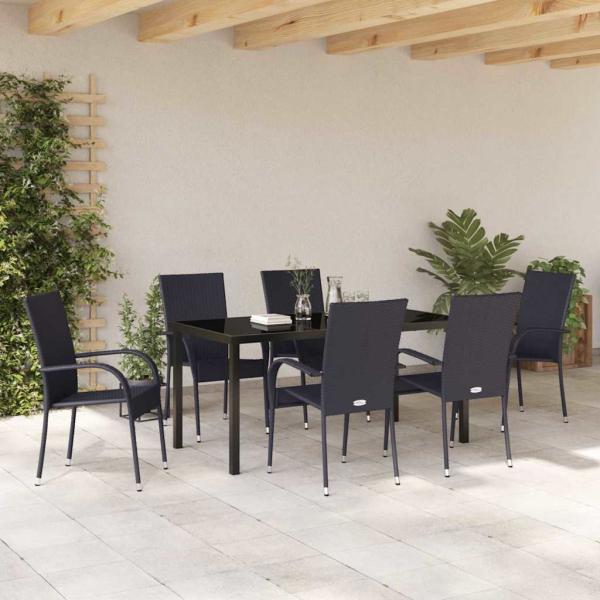7-teiliges Garten-Essset schwarzes Poly-Rattan