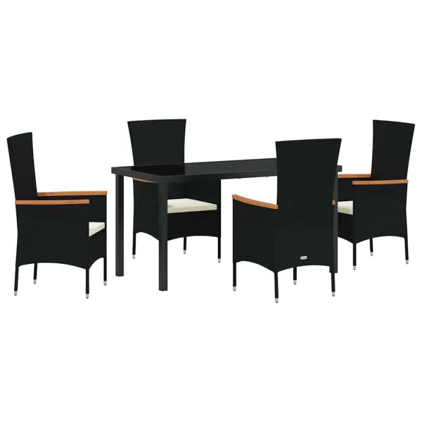 5-teiliges Garten-Esszimmer-Set mit Kissen Schwarz Poly-Rattan