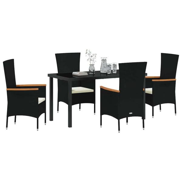 5-teiliges Garten-Esszimmer-Set mit Kissen Schwarz Poly-Rattan