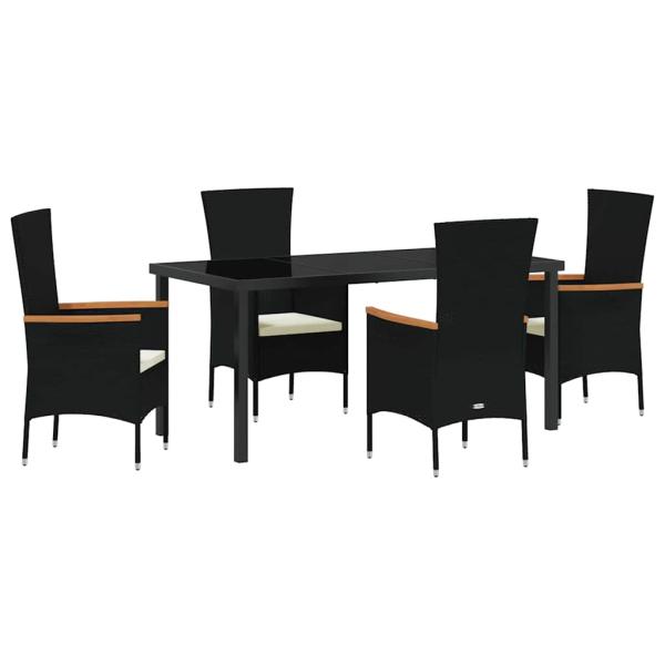 5-teiliges Garten-Essset mit Kissen Schwarzes Poly-Rattan