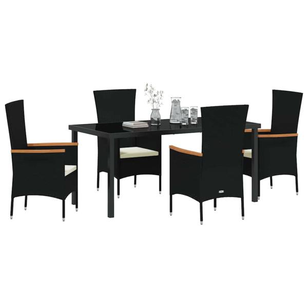5-teiliges Garten-Essset mit Kissen Schwarzes Poly-Rattan