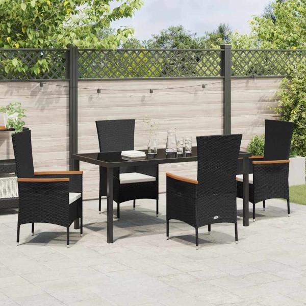 5-teiliges Garten-Essset mit Kissen Schwarzes Poly-Rattan