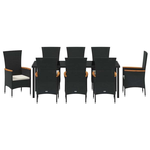 9-teilige Garten-Essgruppe mit Kissen Schwarz Poly-Rattan