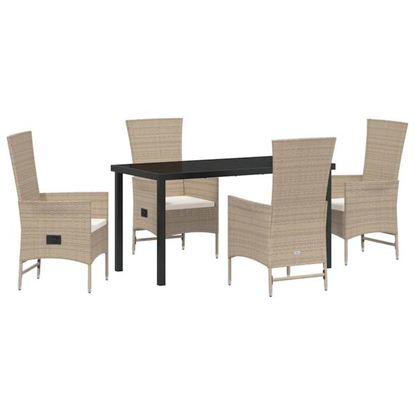 5-teiliges Garten-Ess-Set mit Kissen Beige Poly-Rattan