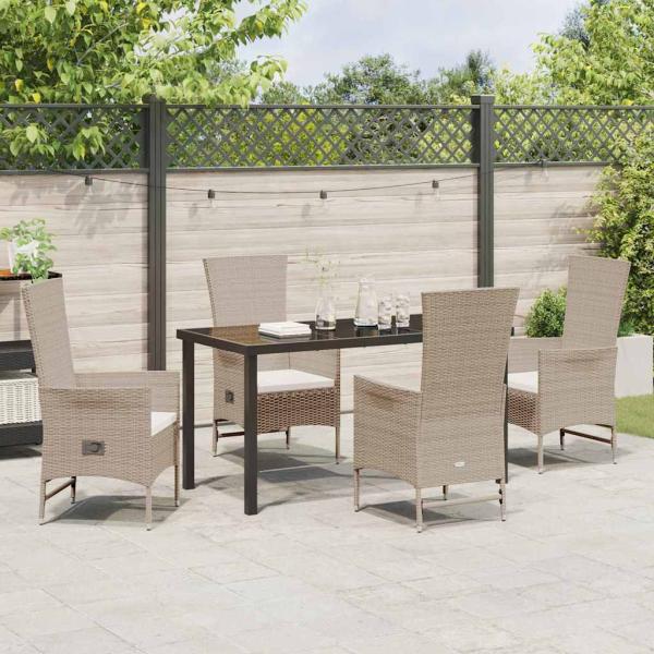 5-teiliges Garten-Ess-Set mit Kissen Beige Poly-Rattan