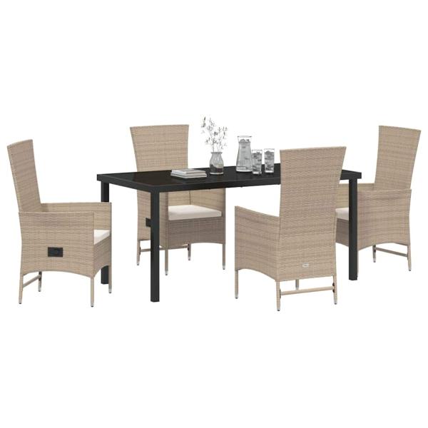 5-teiliges Garten-Essset mit Kissen Beige Poly-Rattan