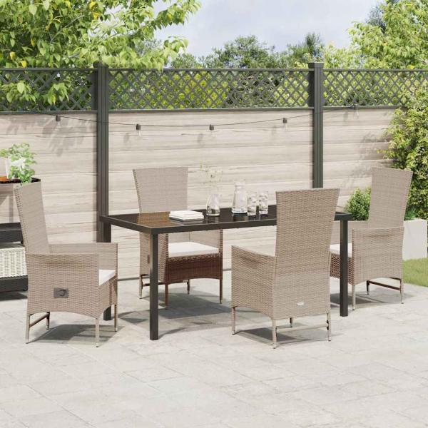 5-teiliges Garten-Essset mit Kissen Beige Poly-Rattan