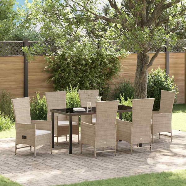ARDEBO.de - 7-teiliges Garten-Essenset mit Kissen Beige Poly Rattan