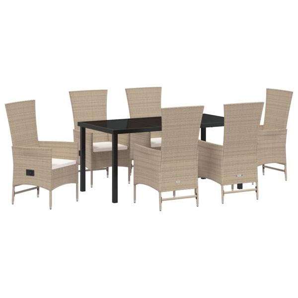 7-teiliges Garten-Essenset mit Kissen Beige Poly Rattan
