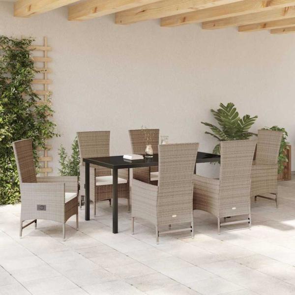 7-teiliges Garten-Essenset mit Kissen Beige Poly Rattan