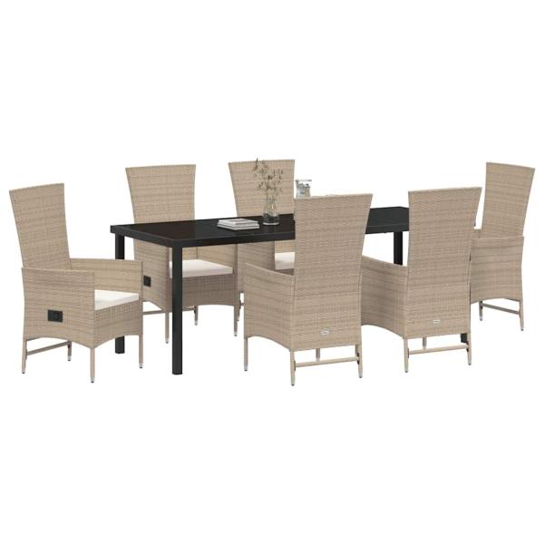7-teiliges Garten-Essmöbelset mit Kissen - Beiges Poly-Rattan