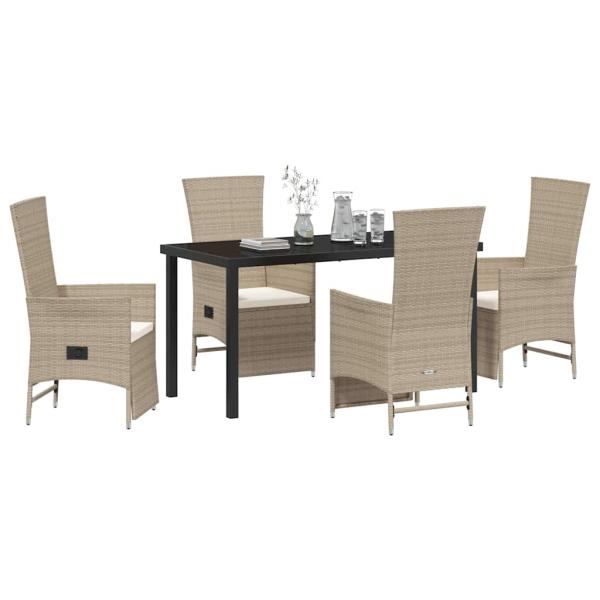 5-teiliges Garten-Esszimmer-Set mit Kissen Beige Poly-Rattan