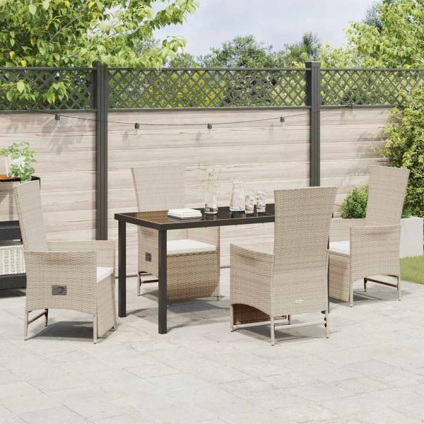 5-teiliges Garten-Esszimmer-Set mit Kissen Beige Poly-Rattan