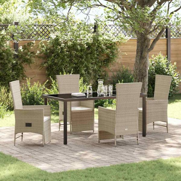 ARDEBO.de - 5-teiliges Garten-Dining-Set mit Kissen in Beige, Poly-Rattan