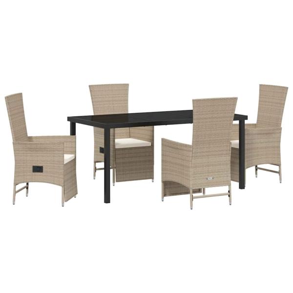 5-teiliges Garten-Dining-Set mit Kissen in Beige, Poly-Rattan