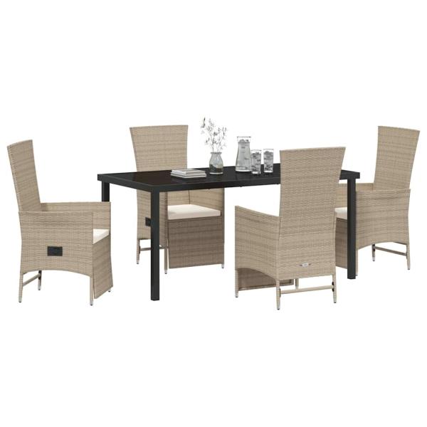 5-teiliges Garten-Dining-Set mit Kissen in Beige, Poly-Rattan