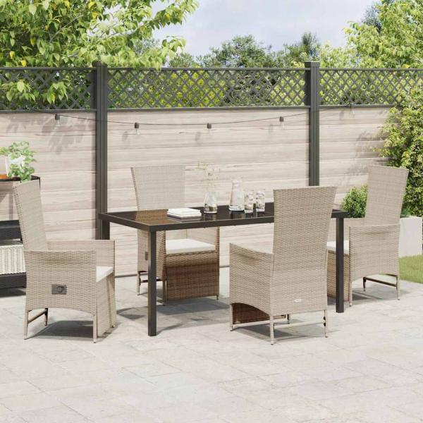 5-teiliges Garten-Dining-Set mit Kissen in Beige, Poly-Rattan