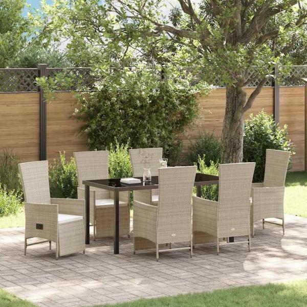 ARDEBO.de - 7-teiliges Garten-Dining-Set mit Kissen Beige Poly Rattan