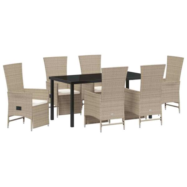 7-teiliges Garten-Dining-Set mit Kissen Beige Poly Rattan