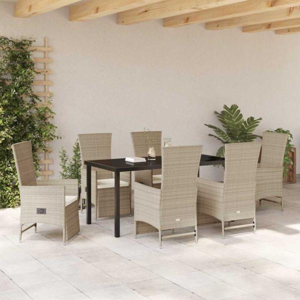 7-teiliges Garten-Dining-Set mit Kissen Beige Poly Rattan