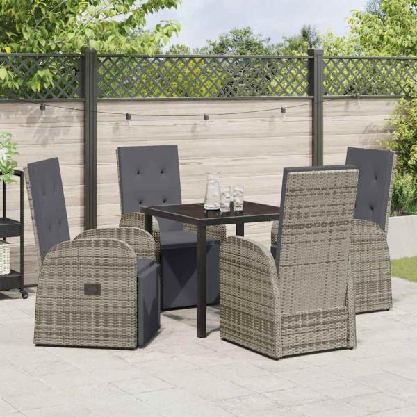 5-teiliges Garten-Esszimmer-Set mit Kissen Grau Poly Rattan