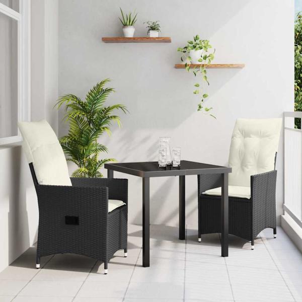 ARDEBO.de - 3-teiliges Garten-Esszimmer set mit Kissen Schwarz Poly-Rattan