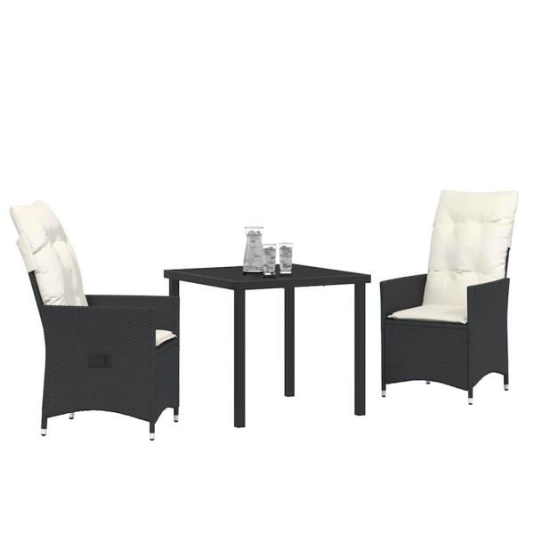 3-teiliges Garten-Esszimmer set mit Kissen Schwarz Poly-Rattan