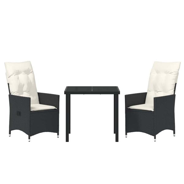 3-teiliges Garten-Esszimmer set mit Kissen Schwarz Poly-Rattan