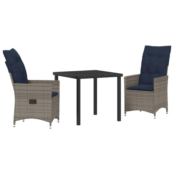 3-teilige Garten Essgruppe mit Kissen Graues Poly Rattan, Gartentisch Schwarz 80x80x73 cm Gehärtetes Glas