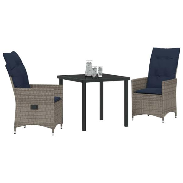 3-teilige Garten Essgruppe mit Kissen Graues Poly Rattan, Gartentisch Schwarz 80x80x73 cm Gehärtetes Glas
