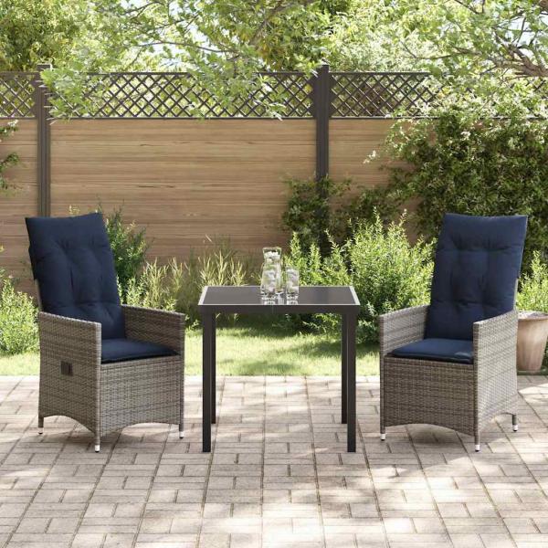 3-teilige Garten Essgruppe mit Kissen Graues Poly Rattan, Gartentisch Schwarz 80x80x73 cm Gehärtetes Glas