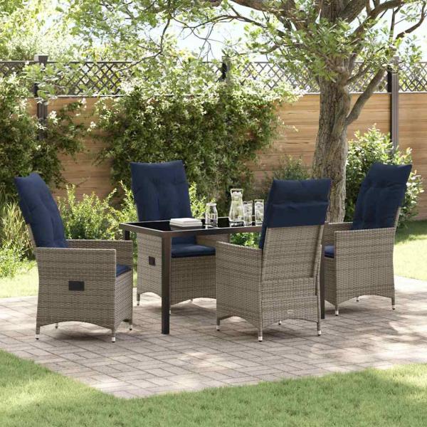 ARDEBO.de - 5-teiliges Garten Essset mit Kissen graues Polyrattan, Gartentisch Schwarz 140x80x73 cm mit Sicherheitsglas