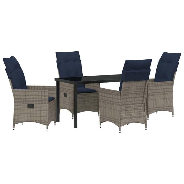 5-teiliges Garten Essset mit Kissen graues Polyrattan, Gartentisch Schwarz 140x80x73 cm mit Sicherheitsglas