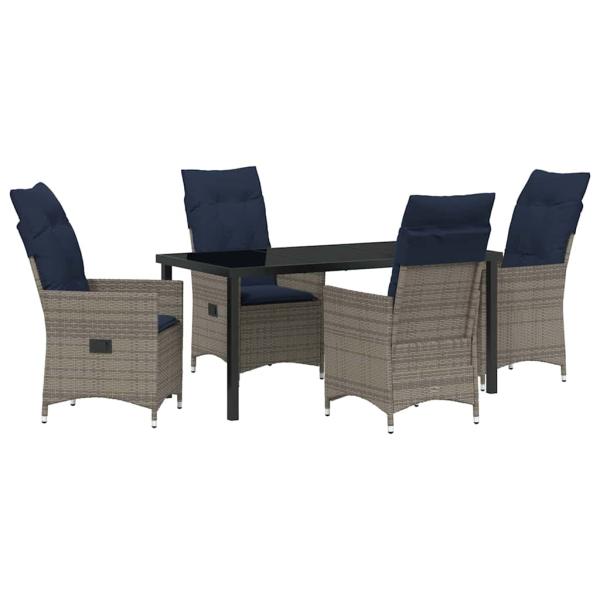 5-teiliges Garten-Esszimmer Set mit Kissen Grau Poly Rattan, Gartentisch Schwarz 160x80x73 cm mit Temperglas