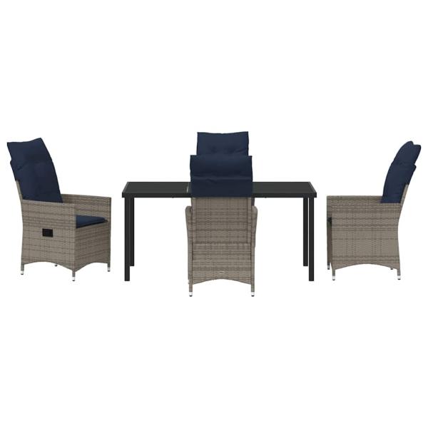5-teiliges Garten-Esszimmer Set mit Kissen Grau Poly Rattan, Gartentisch Schwarz 160x80x73 cm mit Temperglas
