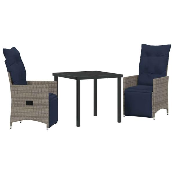 3-teiliges Garten Esszimmer Set mit Kissen Grau Poly-Rattan, Gartentisch Schwarz 80x80x73 cm Temperglas