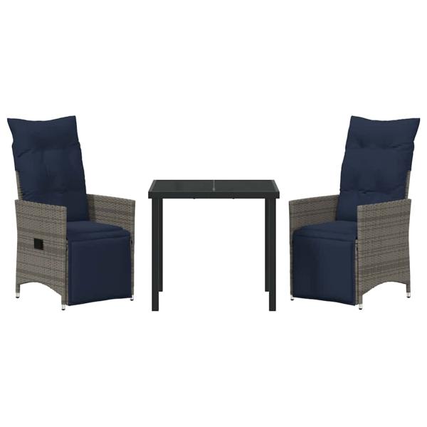 3-teiliges Garten Esszimmer Set mit Kissen Grau Poly-Rattan, Gartentisch Schwarz 80x80x73 cm Temperglas