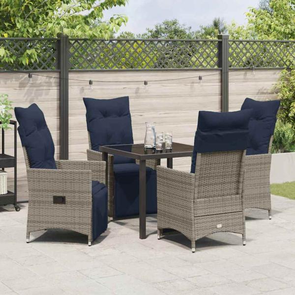 5-teilige Garten Essgruppe mit Kissen Grau Poly Rattan, Gartentisch Schwarz 80x80x73 cm Sicherheitsglas