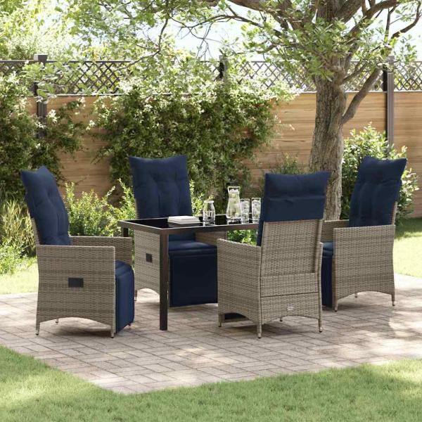 ARDEBO.de - 5-tlg. Garten Essset mit Kissen in Grau Poly Rattan, Gartentisch Schwarz 140x80x73 cm mit Sicherheitsglas
