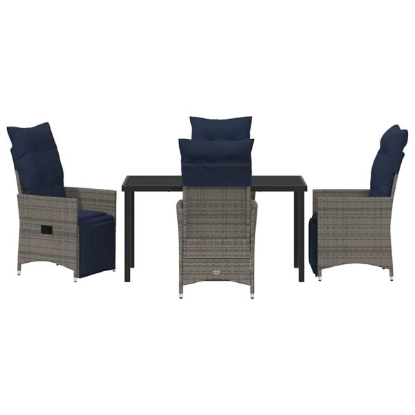 5-tlg. Garten Essset mit Kissen in Grau Poly Rattan, Gartentisch Schwarz 140x80x73 cm mit Sicherheitsglas