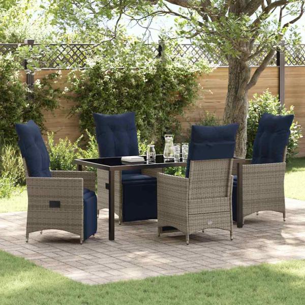 ARDEBO.de - 5-teilige Garten Esszimmer Set mit Kissen Graues Poly Rattan, Gartentisch Schwarz 160x80x73 cm Temperglas