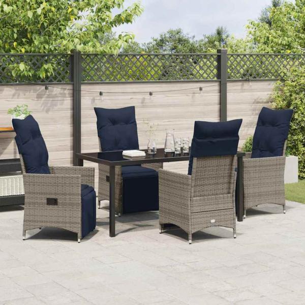 5-teilige Garten Esszimmer Set mit Kissen Graues Poly Rattan, Gartentisch Schwarz 160x80x73 cm Temperglas