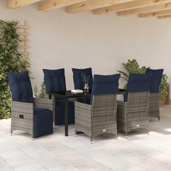 7 teiliges Garten Essset mit Kissen Grau Poly Rattan, Gartentisch Schwarz 160x80x73 cm Gehärtetes Glas