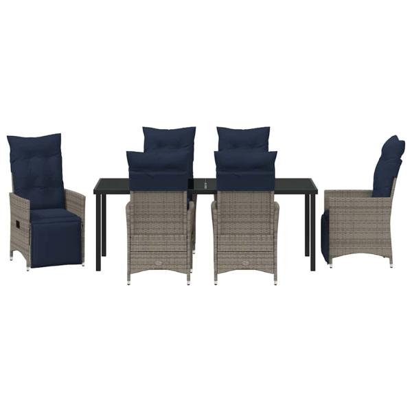 7-teiliges Garten Esstisch Set mit Kissen Graues Poly Rattan, Gartentisch Schwarz 200x80x73 cm, Sicherheitsglas