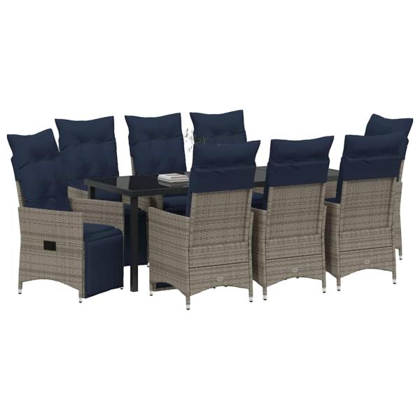ARDEBO.de - 9-teilige Garten-Essgruppe mit Kissen Grau Poly Rattan, Gartentisch Schwarz 200x80x73 cm Sicherheitsglas