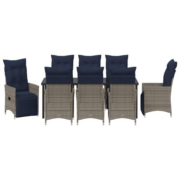 9-teilige Garten-Essgruppe mit Kissen Grau Poly Rattan, Gartentisch Schwarz 200x80x73 cm Sicherheitsglas