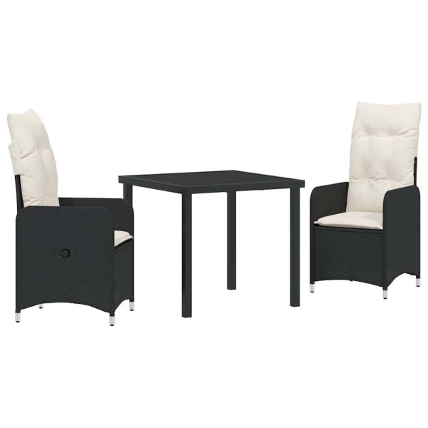 3-teiliges Garten-Esszimmer Set mit Kissen Schwarz Poly Rattan