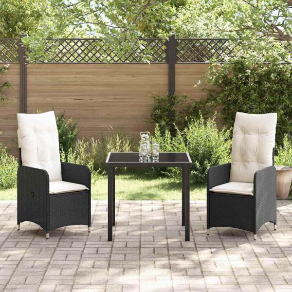 3-teiliges Garten-Esszimmer Set mit Kissen Schwarz Poly Rattan