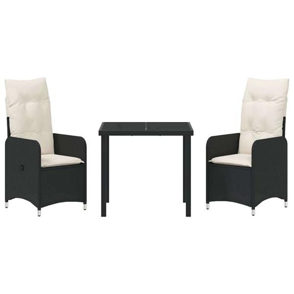 3-teiliges Garten-Esszimmer Set mit Kissen Schwarz Poly Rattan