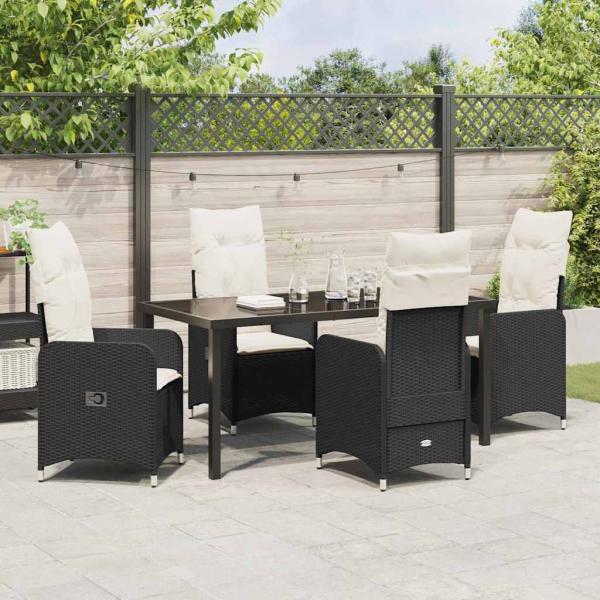 5-teiliges Garten-Esszimmerset mit Kissen in Schwarz Poly Rattan